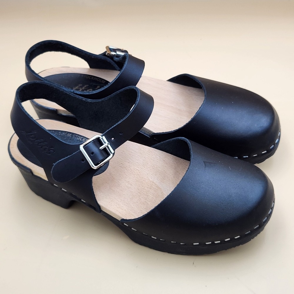 Lotta From Stockholm Swedish Closed Toe Clogs Sandals Wood Strappy Black 38 7.5